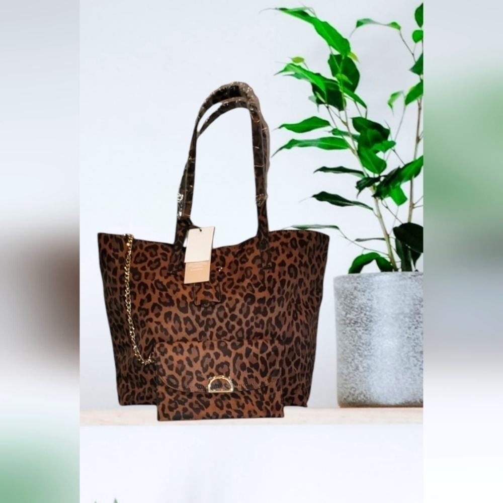 Animal Print Reversible Tote Bag with Wristlet Bundle Set